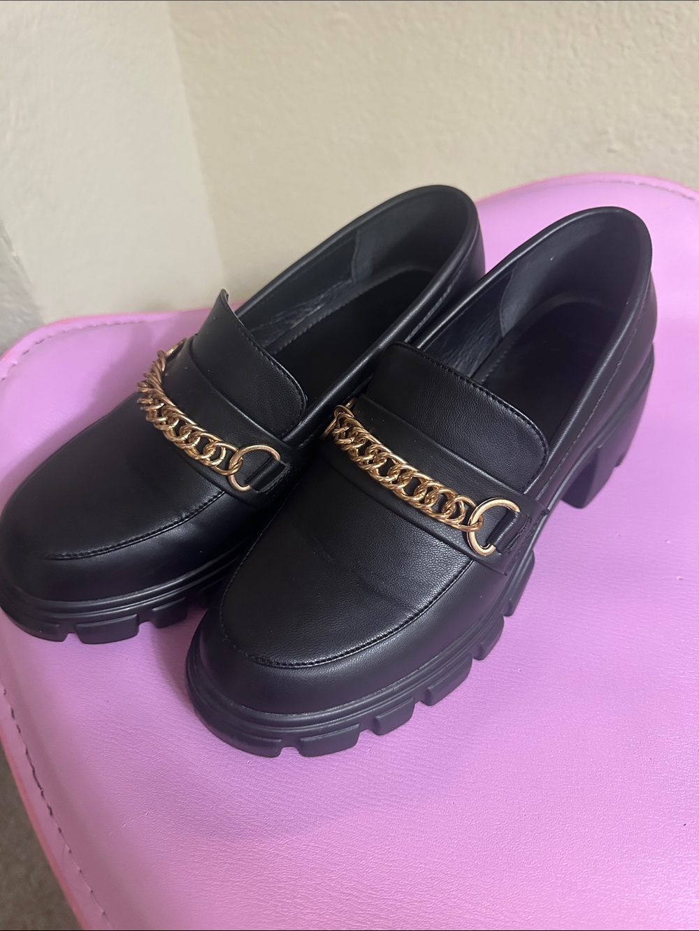 Black Leather Chain-Trim Platform Loafers